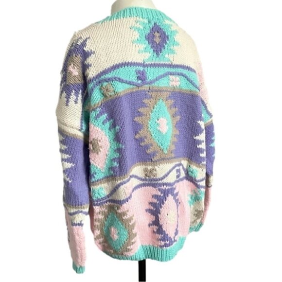 Vintage 80s Pastel Aztec Southwestern Boxy Mock Neck Pullover Sweater - M - Picture 7 of 9